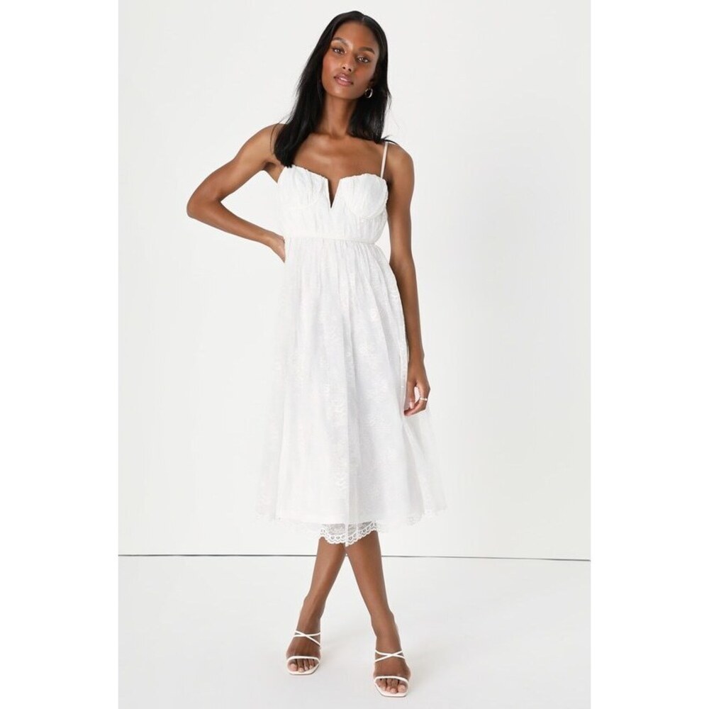 Lulus Dreamy Entrance White Lace Bustier Sleeveless Midi Dress - Size S